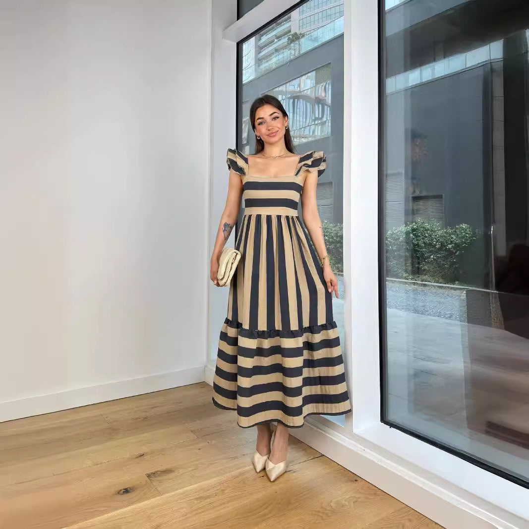 Damen Maxi-Kleid mit verspieltem Streifenmuster und Rüschendetails Drune