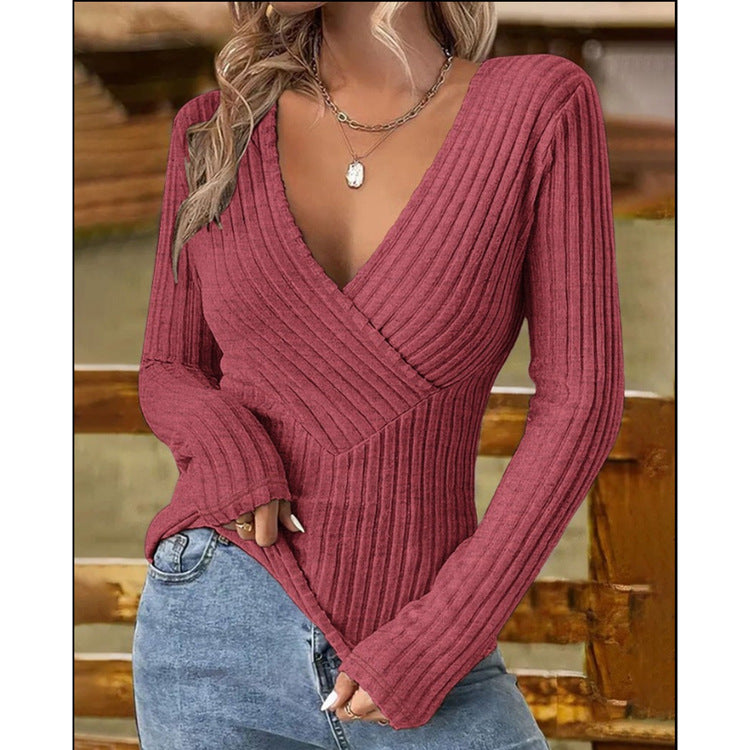 Damen eleganter und figurbetonender Rippenpullover mit V-Ausschnitt Drune