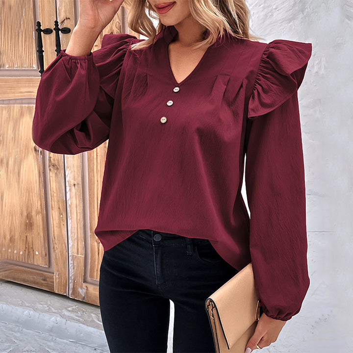 Damen elegante Bluse mit Rüschenärmeln und Knopfdetails Drune
