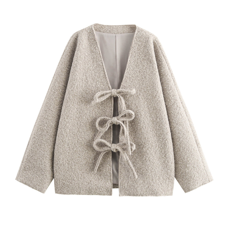 Damen Oversized Wolljacke mit dekorativen Schleifendetails Drune