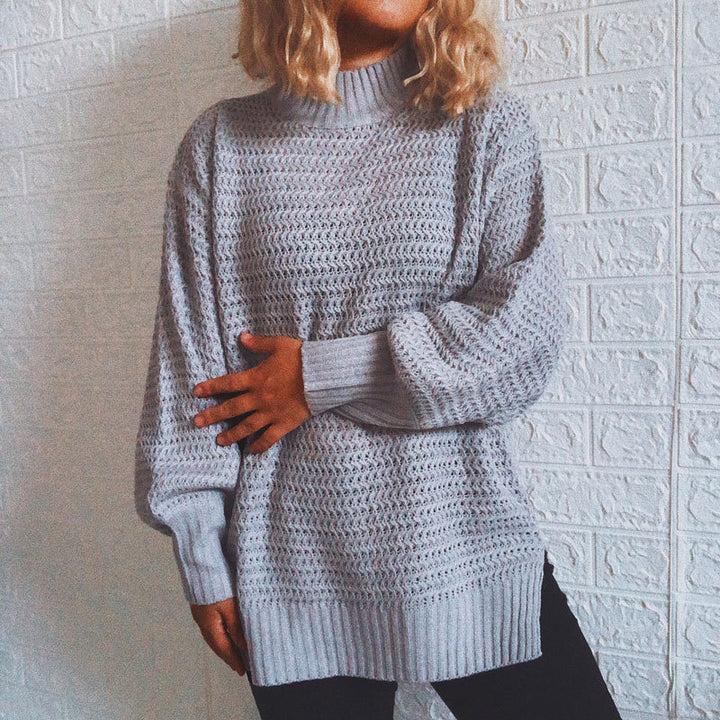 Damen lässiger Strickpullover mit hohem Kragen und voluminösen Ärmeln Drune