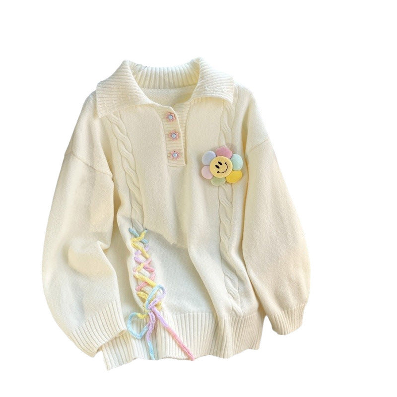 Damen Grobstrickpullover mit farbenfrohen Applikationen und rippstrukturiertem Kragen Drune