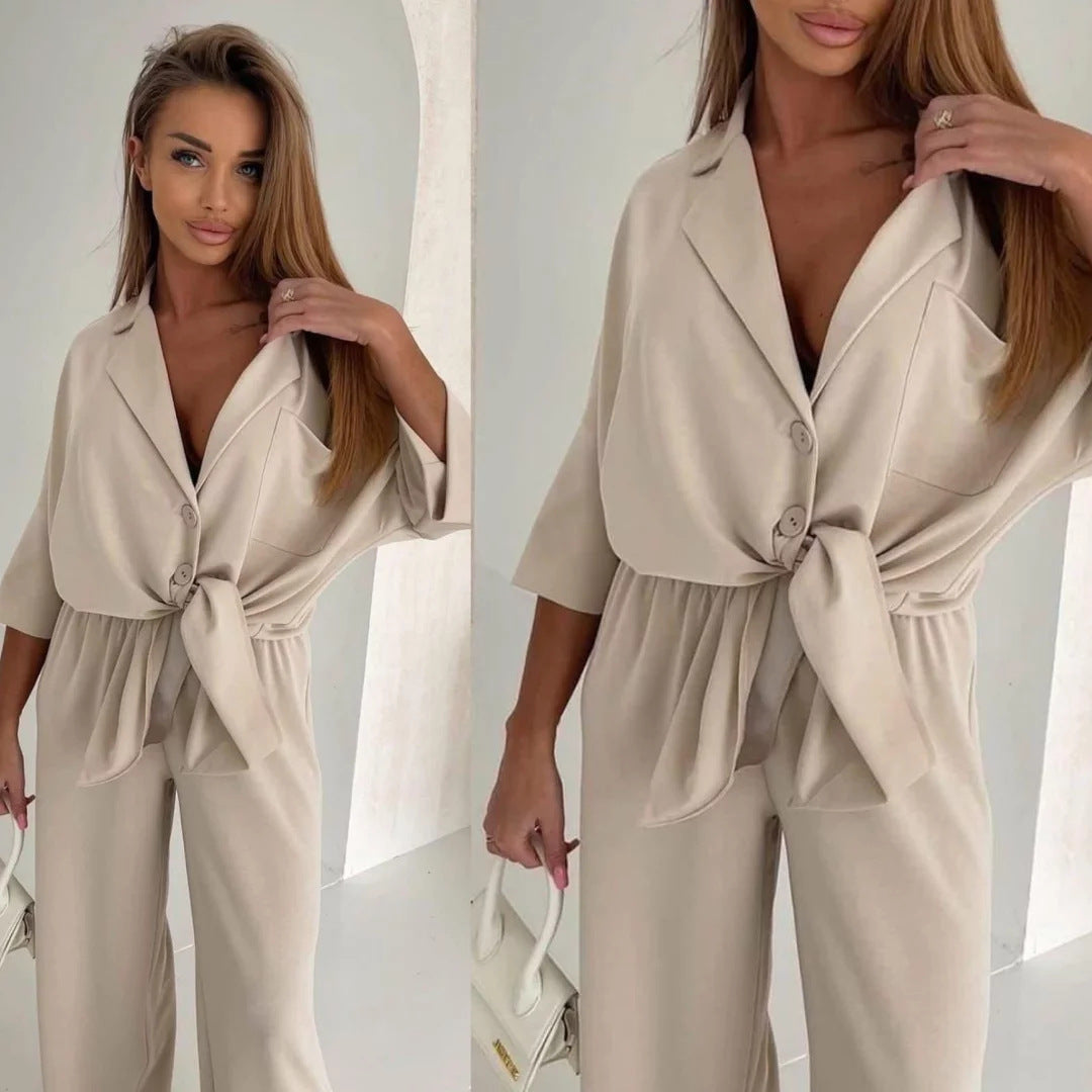Damen lässiger Jumpsuit mit Bindegürtel und weit geschnittenen Beinen Drune