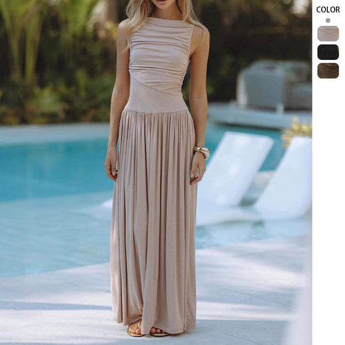 Damen Maxi-Kleid mit elegantem Faltenwurf und ärmellosem Design Drune