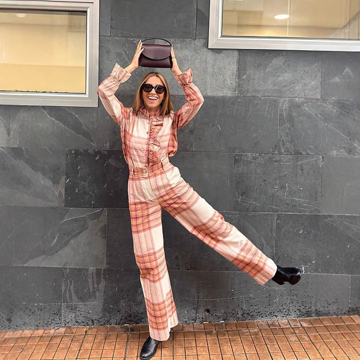 Damen Karomuster Jumpsuit mit Gürtel und Rüschen Drune