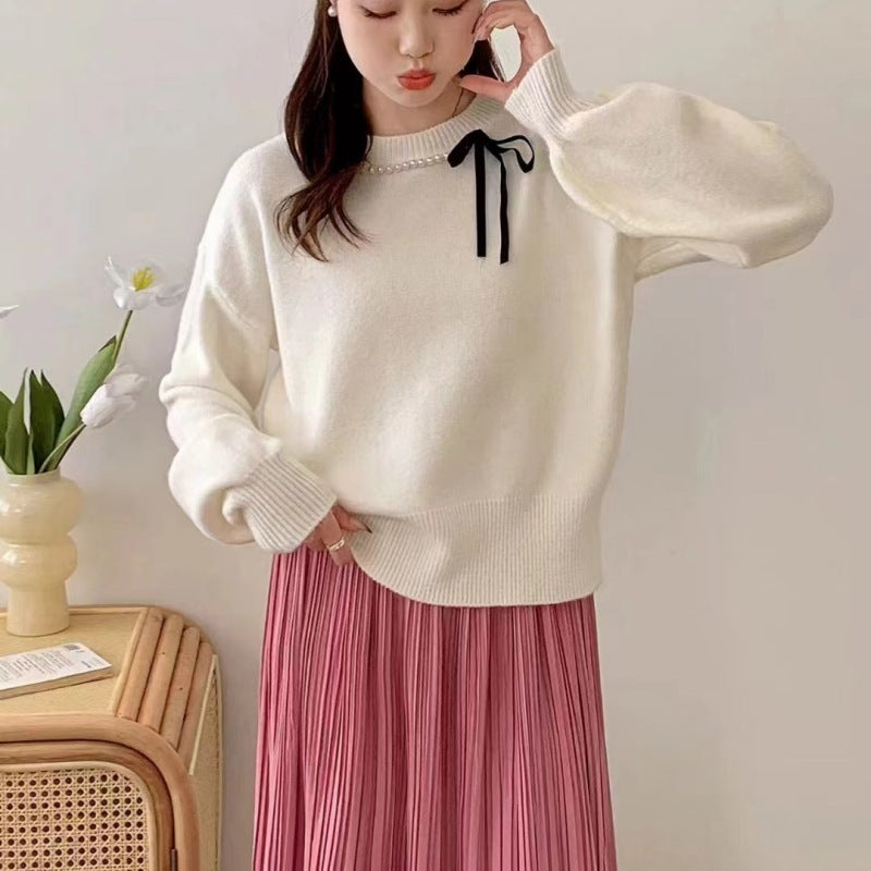 Damen modischer Pullover mit Zierband und Perlendetails Drune