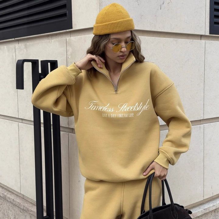Damen nan oversized Halbzip-Sweatshirt mit hohem Stehkragen und Statement-Print Drune