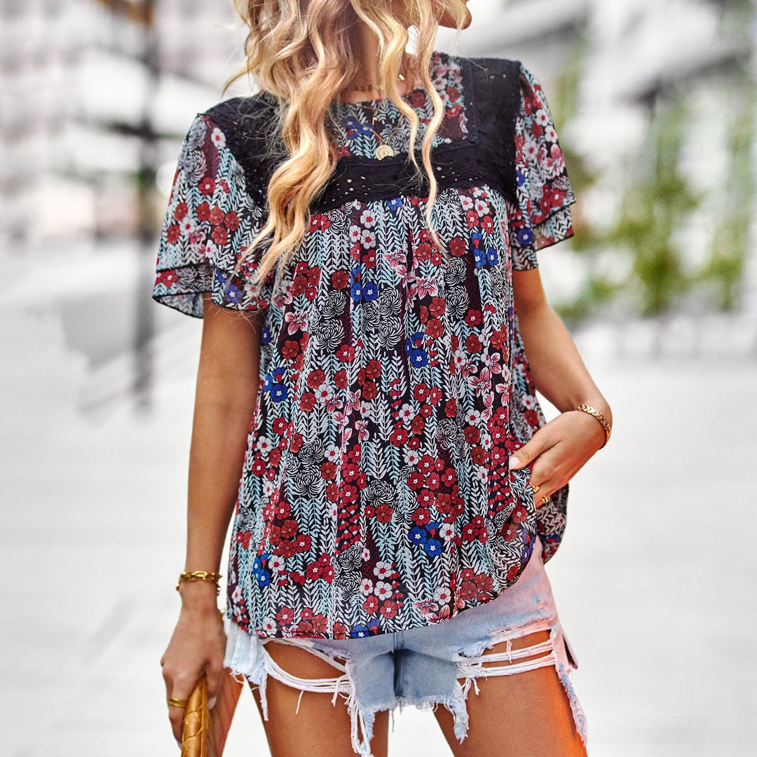Damen Blumenmuster-Bluse mit Spitzenbesatz Drune