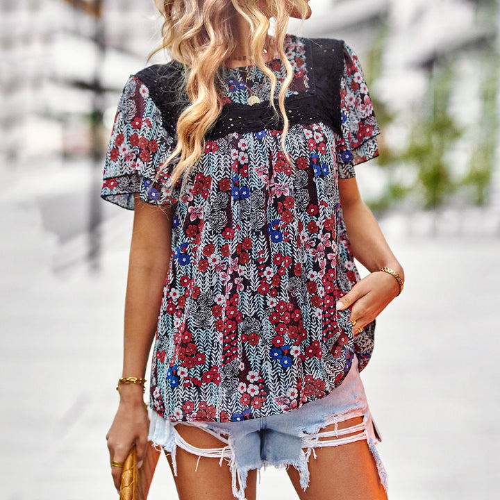 Damen Blumenmuster-Bluse mit Spitzenbesatz Drune