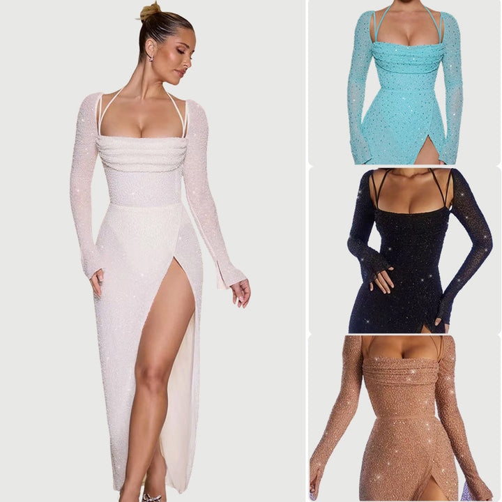 Damen Glamouröses Maxikleid mit schimmernden Details und seitlichem Schlitz Drune