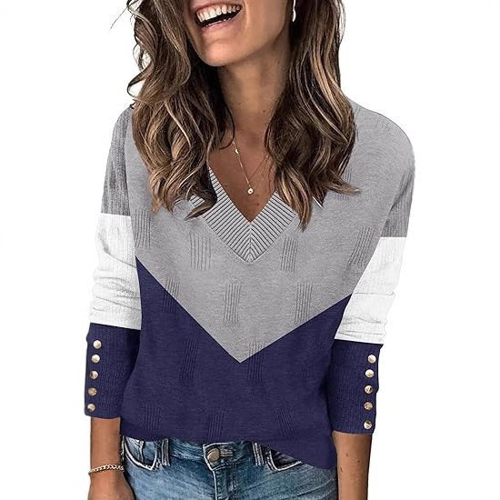 Damen Modischer V-Ausschnitt Pullover mit Farbblock und Knopfdetails Drune