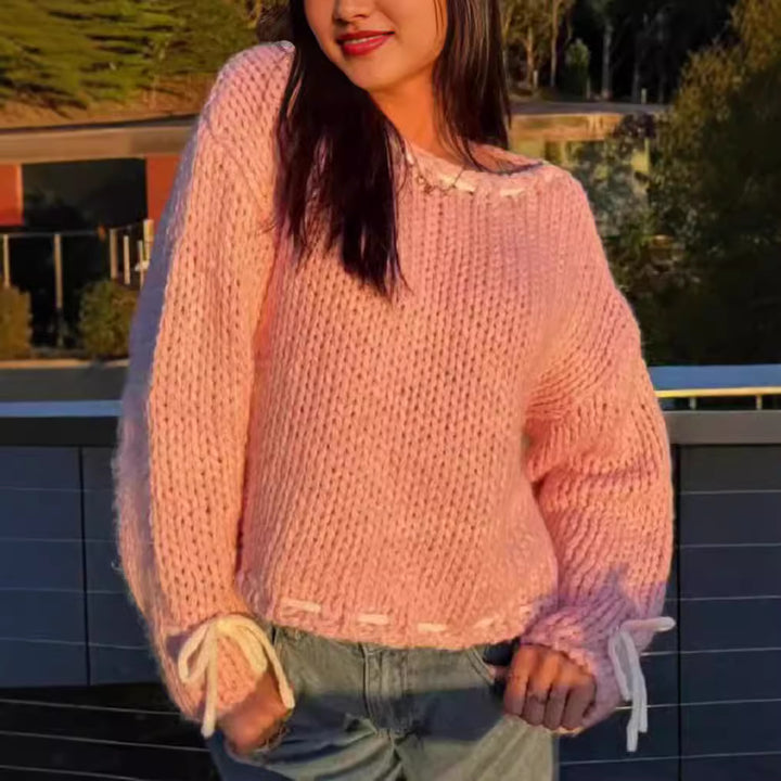 Damen lockerer Pullover mit raffinierten Kordelverschluss-Details Drune