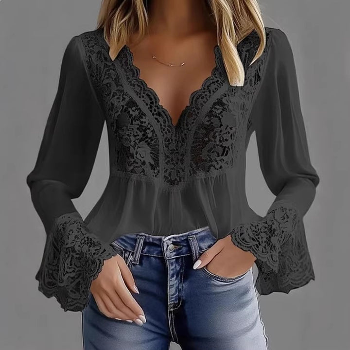 Damen elegante Bluse mit Spitzendetails und gerafftem Saum Drune