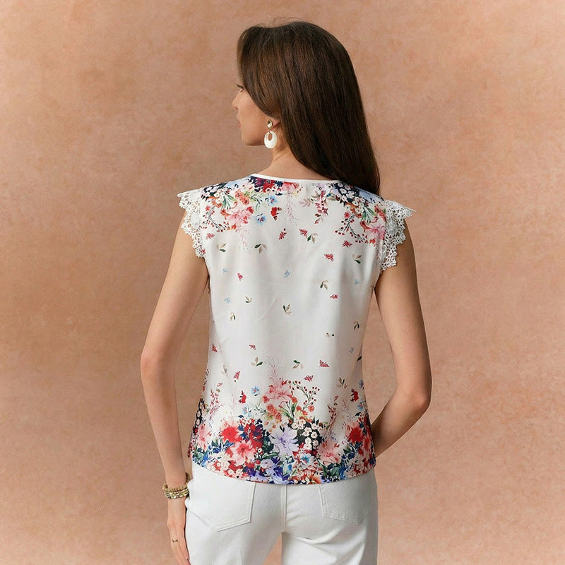 Damen Bluse mit floralem Muster und Spitzenbesatz Drune