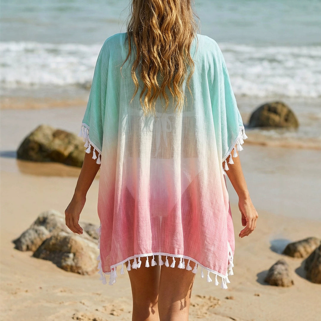 Damen lässiger Strandponcho mit fransigen Akzenten Drune