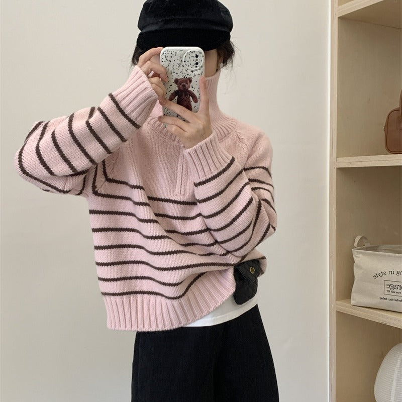 Damen lässiger Strickpullover mit sportlichem Kragen und Streifenmuster Drune