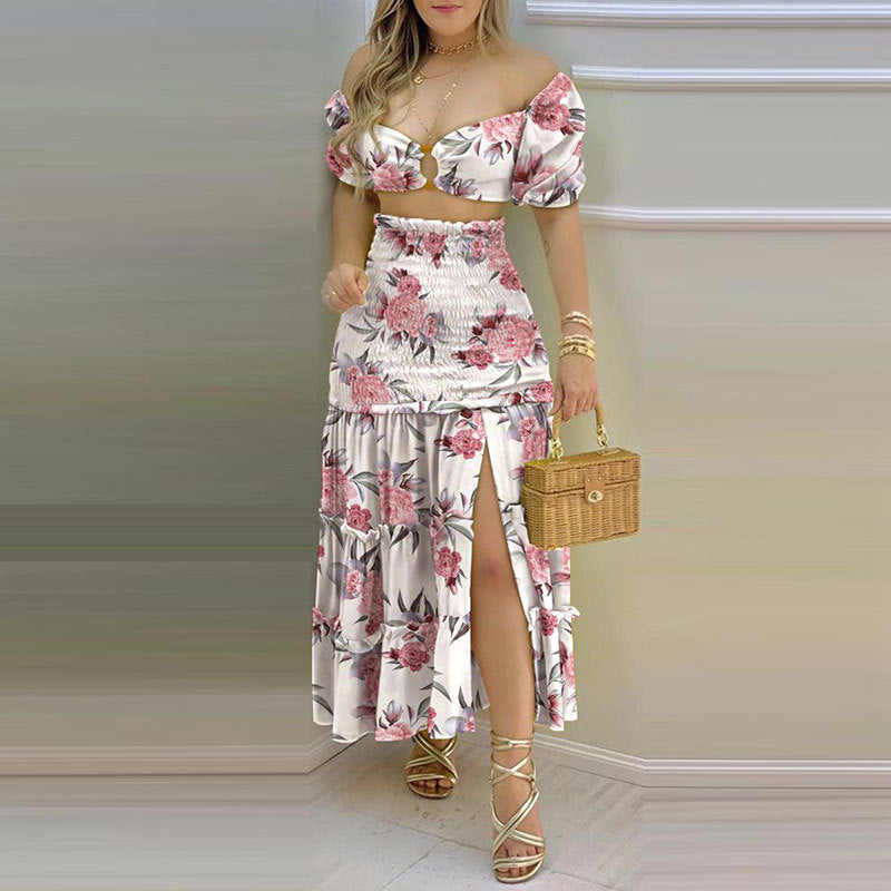 Damen Zweiteiler mit schulterfreiem Crop-Top und schwingendem Rock Drune