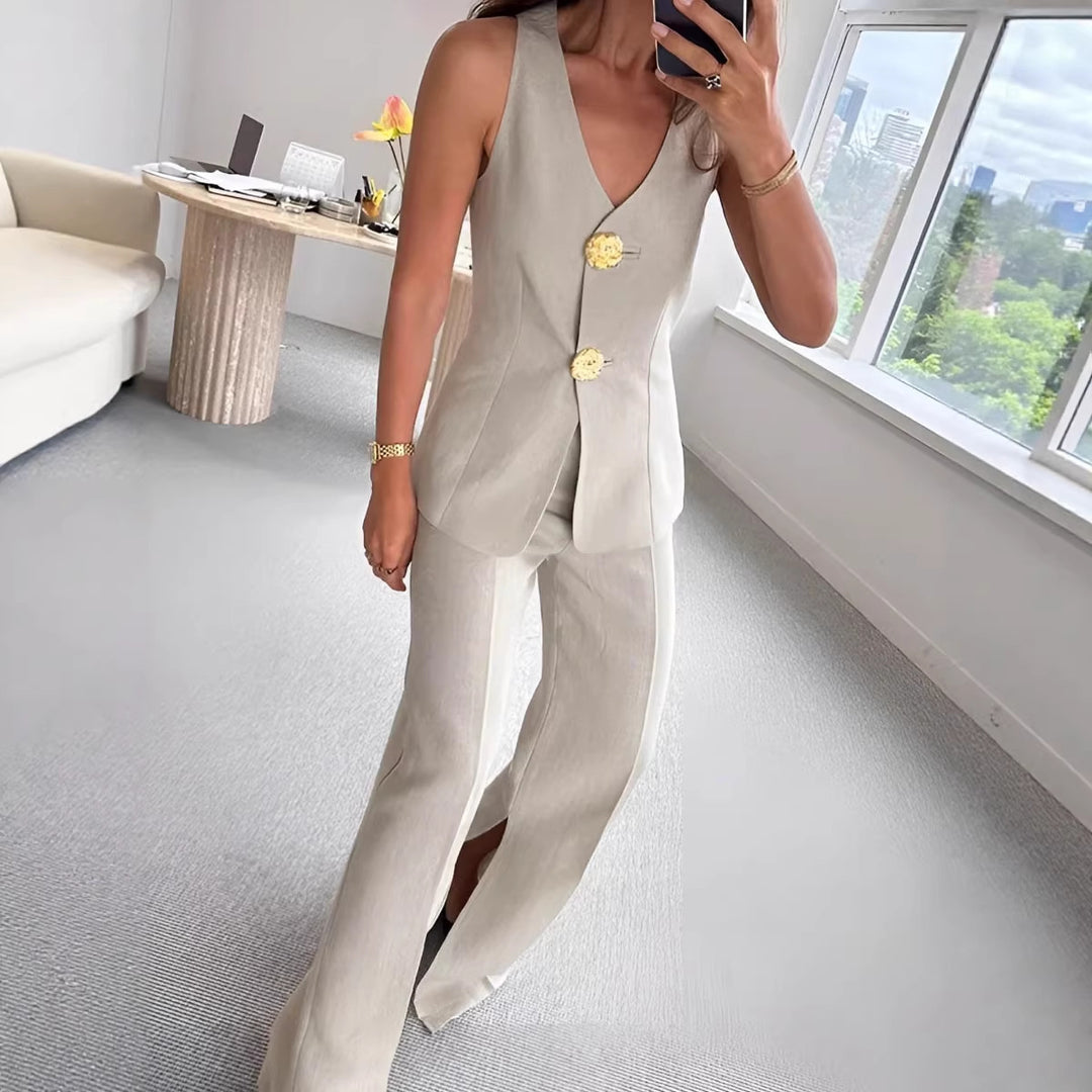 Damen elegantes Jumpsuit mit vordere Knopfleiste und weitem Bein Drune