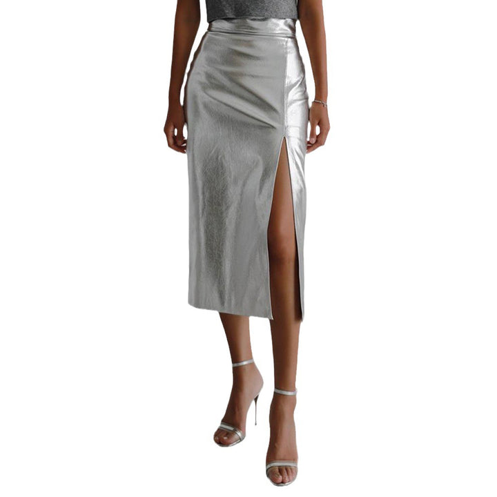 Damen glanzender Midirock mit hohem Schlitz und asymmetrischem Saum Drune