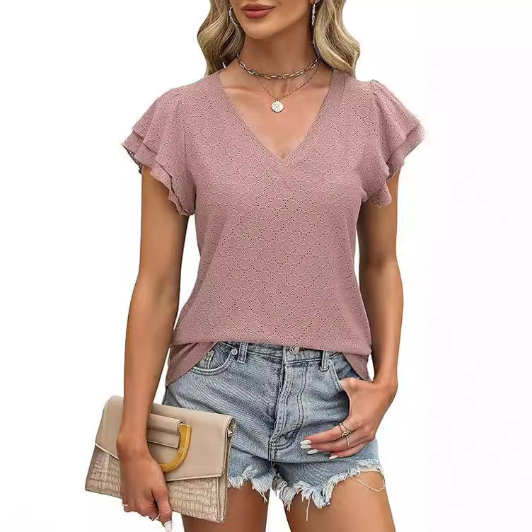 Damen modisches V-Ausschnitt-Shirt mit Rüschendetails Drune