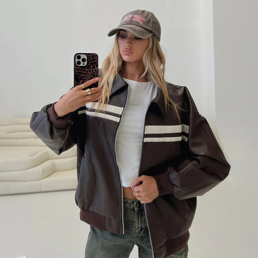 Damen modische Kunstlederjacke mit sportlichem Streifen-Design und lässigem Schnitt Drune