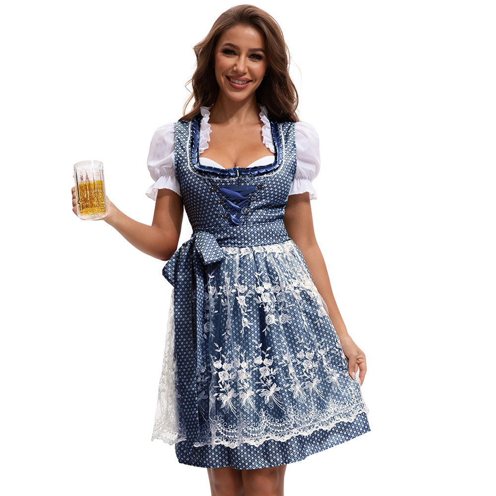 Damen nan kurzes traditionelles Dirndlkleid mit Spitzen-Schürze, geschnürter Taille und Puffärmeln Drune