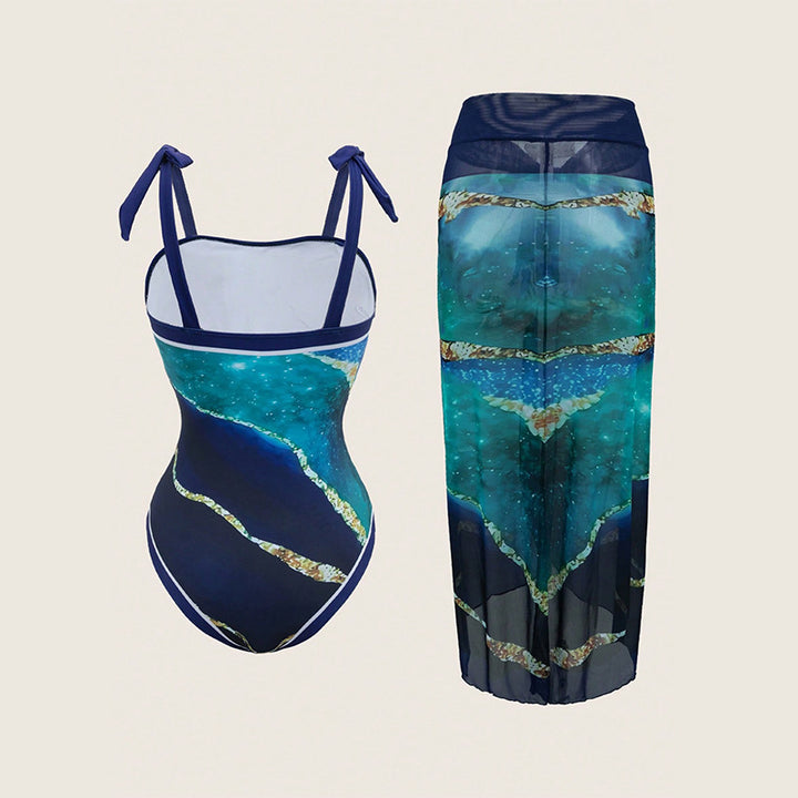 Damen Einteiler Badeanzug mit transparentem Wickelrock Drune