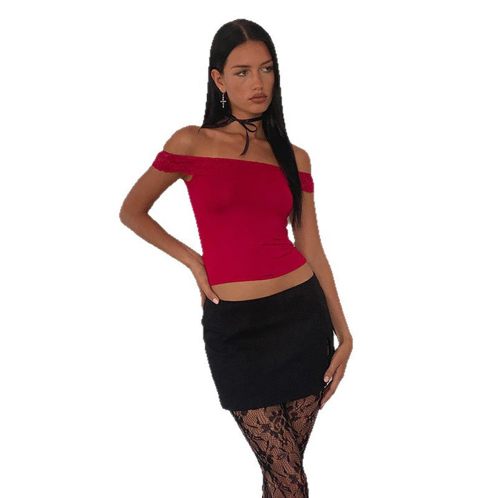 Damen Off-Shoulder Top mit Spitzenakzenten Drune