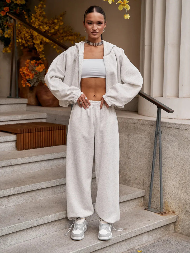 Damen Bequemer und stilvoller Freizeit-Loungewear-Jogginganzug mit Kapuze Drune