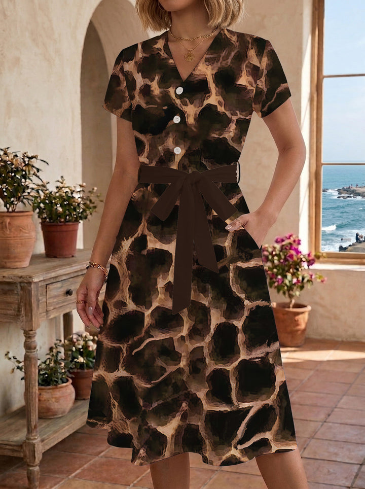 Damen Blühendes Midikleid mit taillierbarem Gürtel und kunstvollem Print Drune