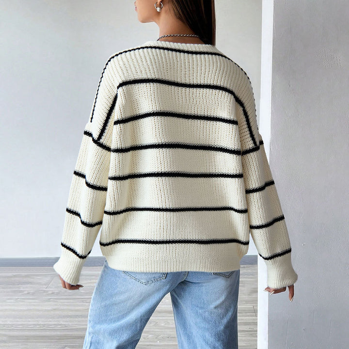 Damen gestreifter Kurzarm-Strickcardigan mit Knopfverschluss und Seitentaschen Drune