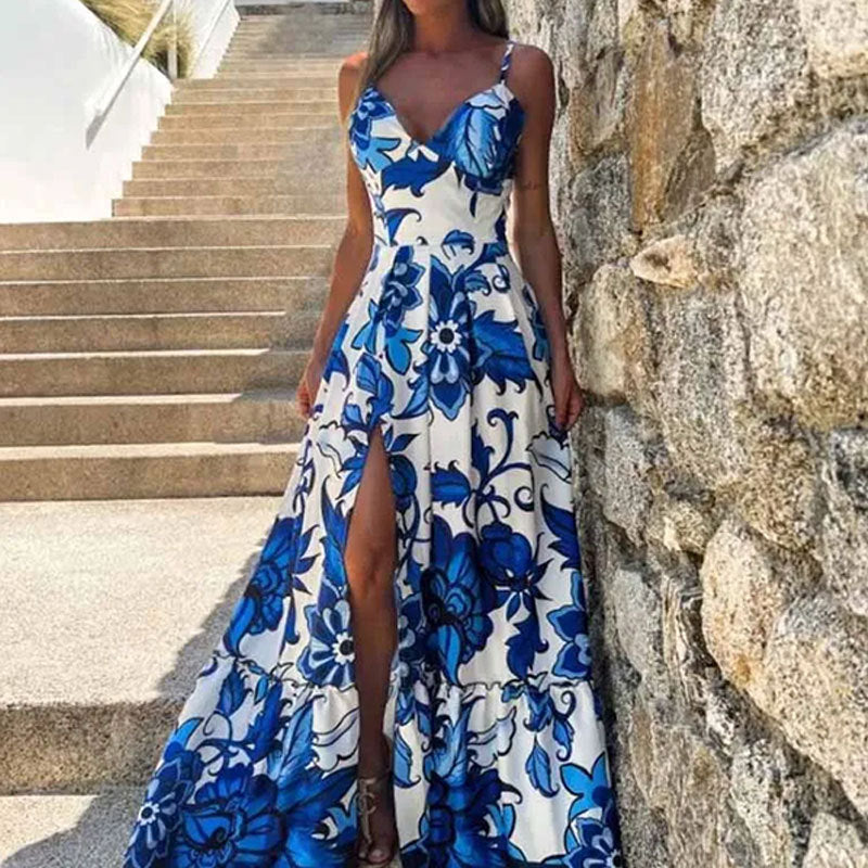 Damen Maxikleid mit floralem Design und hohem Schlitz Drune