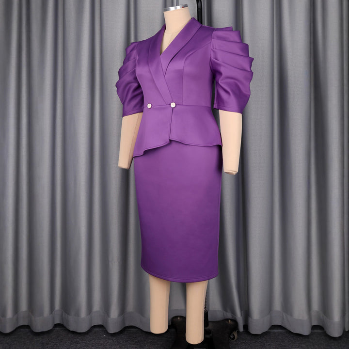 Damen Elegantes Business-Kleid mit stilvollem Wickel-Design und Puffärmeln Drune