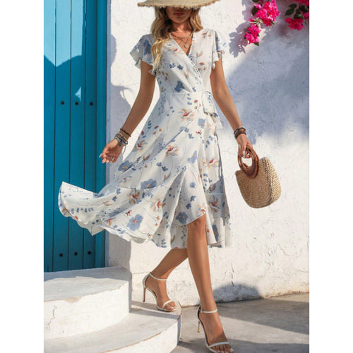 Damen Wickelkleid mit floralem Muster und fließendem Saum Drune