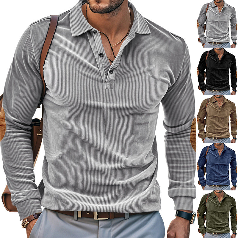 Herren lässiges Langarm-Henley-Shirt mit strukturiertem Rippenstoff und kontrastierenden Ellbogenpatches Drune