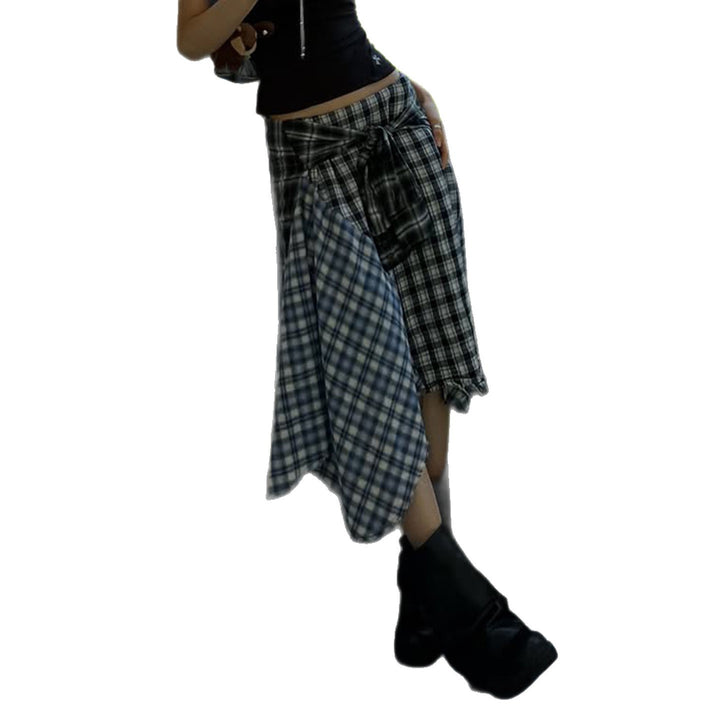 Damen asymmetrischer karierter Rock mit Bindegürtel Drune