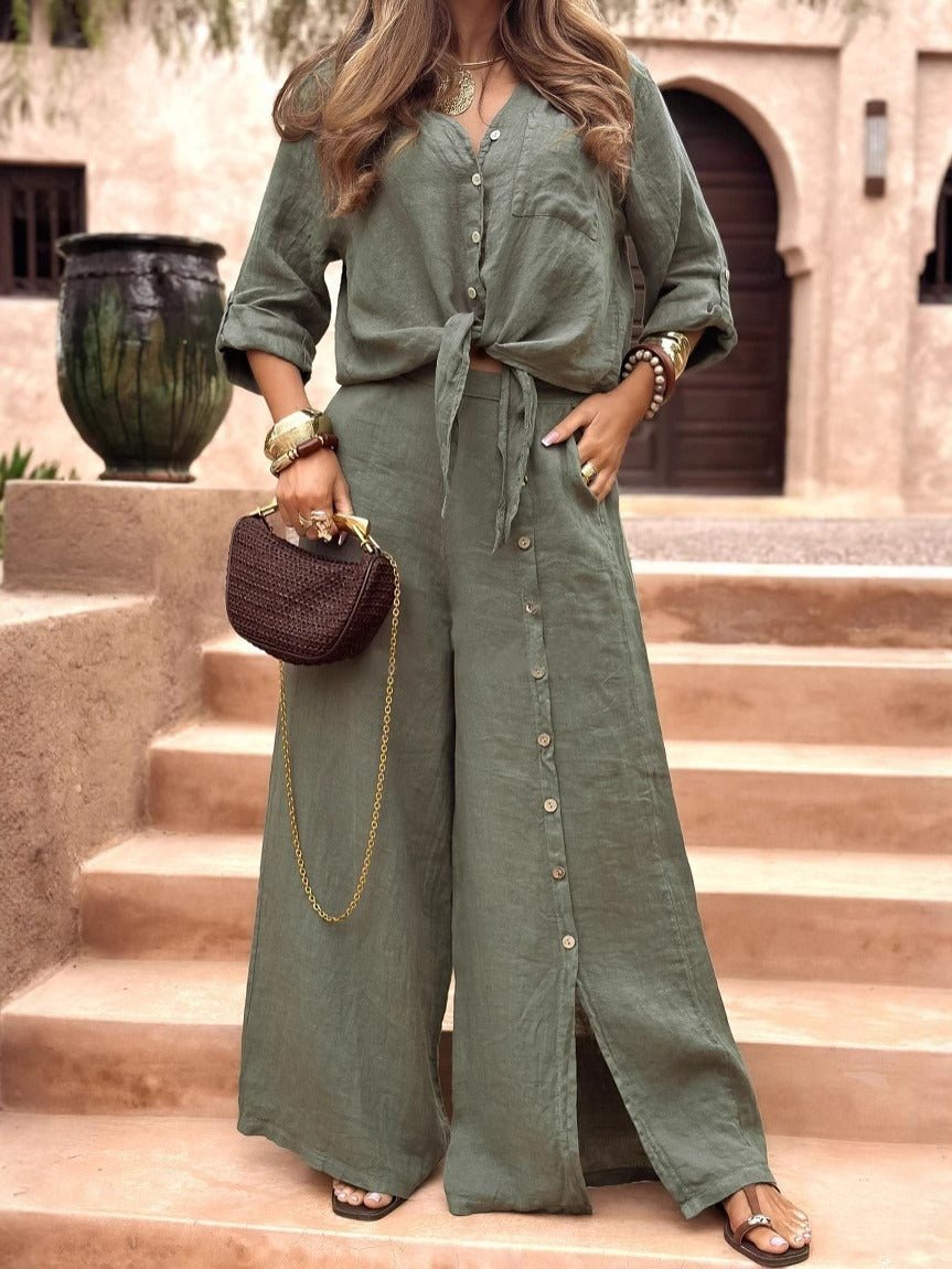 Damen lässiges Hemd und weite Hose Set Drune