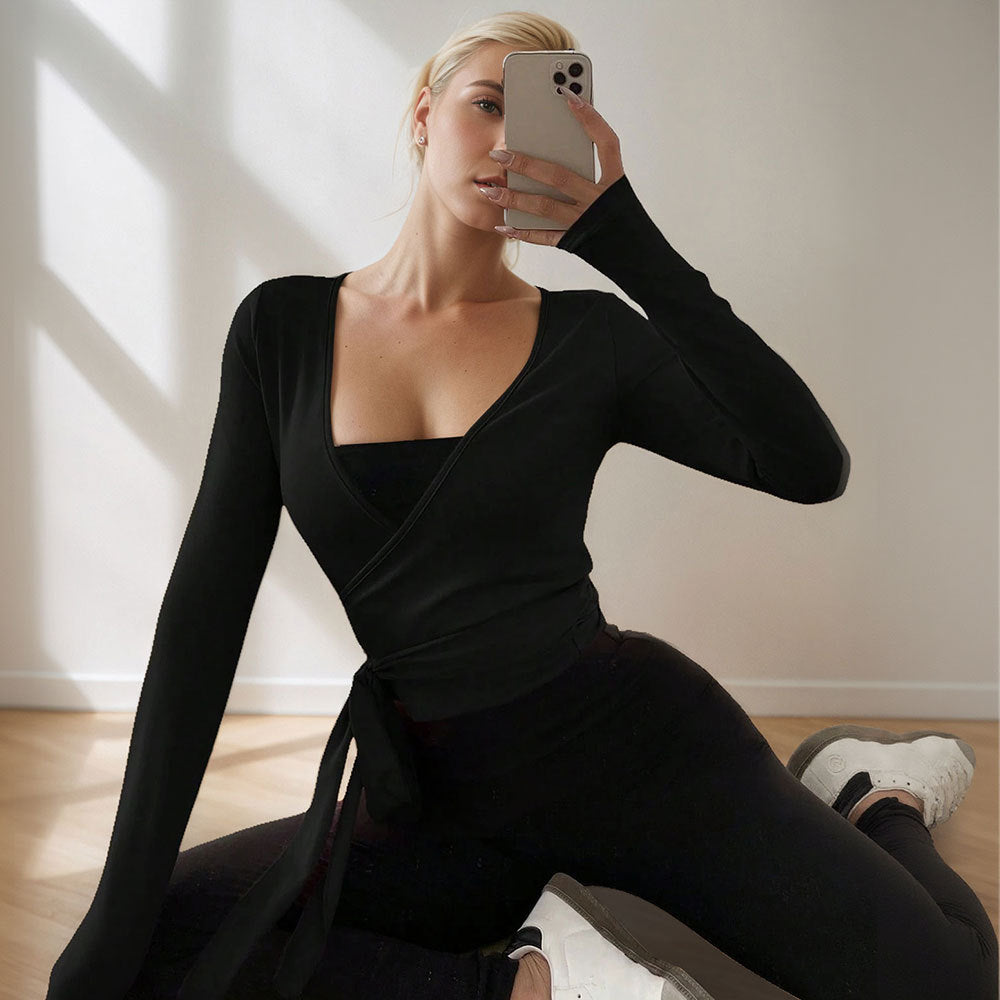 Damen Wickeloberteil mit eleganter Raffung und langem Arm Drune