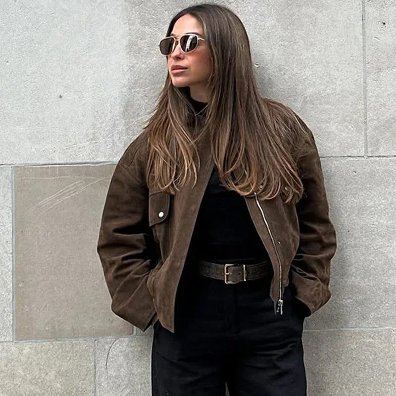 Damen Lederjacke mit lässigem Schnitt und dekorativen Taschen Drune