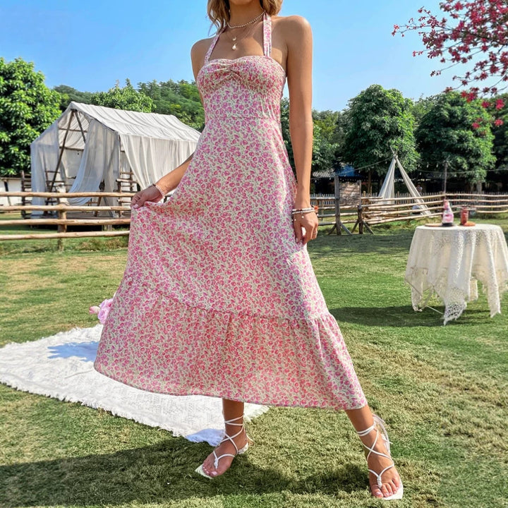 Damen Maxikleid mit floralem Design und gerafftem Saum Drune