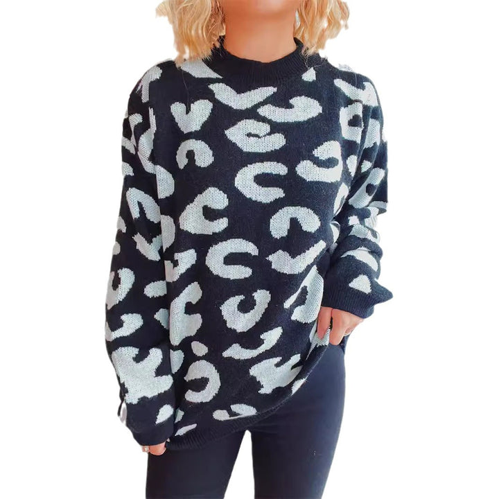 Damen gemütlicher Oversized-Pullover mit modernem Leopardenmuster und Rundhalsausschnitt Drune