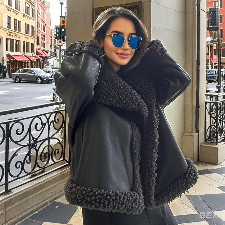 Damen Oversized Kunstlederjacke mit kuscheligem Futter Drune