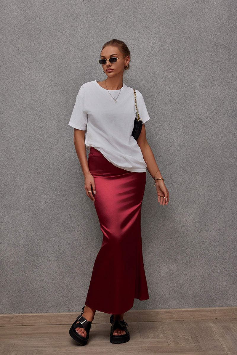 Damen Eleganter Maxirock aus glänzendem Satin mit hohem Schlitz Drune