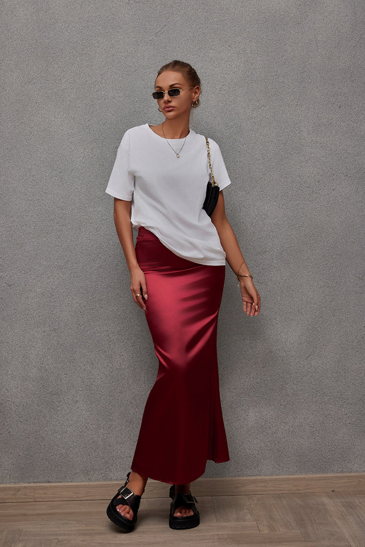 Damen Eleganter Maxirock aus glänzendem Satin mit hohem Schlitz Drune