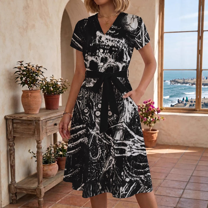 Damen Blühendes Midikleid mit taillierbarem Gürtel und kunstvollem Print Drune