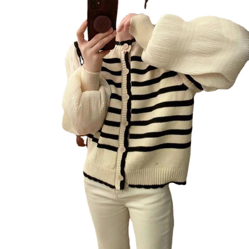 Damen Strickjacke mit voluminösen Ärmeln und gestreiftem Design Drune