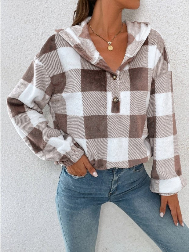 Damen Gemusterte Karo-Hoodie-Bluse Drune