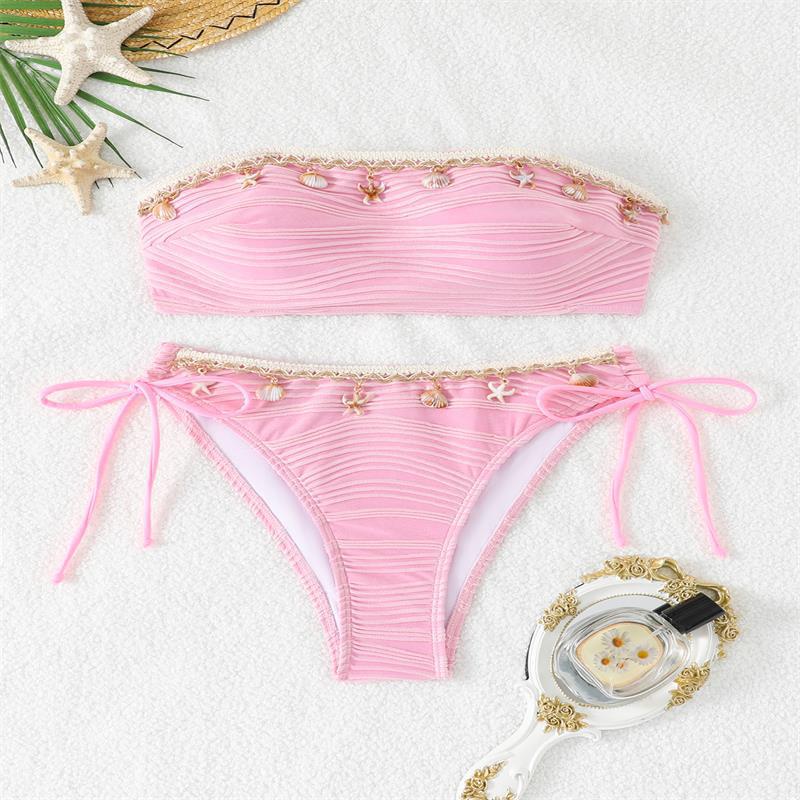 Damen Bandeau-Bikini mit eleganter Spitzenverzierung und verstellbaren Trägern Drune
