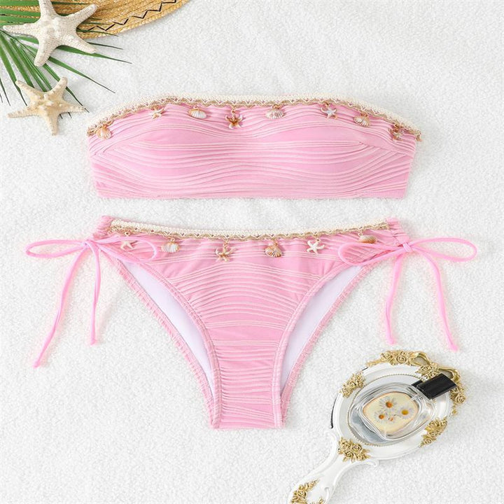 Damen Bandeau-Bikini mit eleganter Spitzenverzierung und verstellbaren Trägern Drune