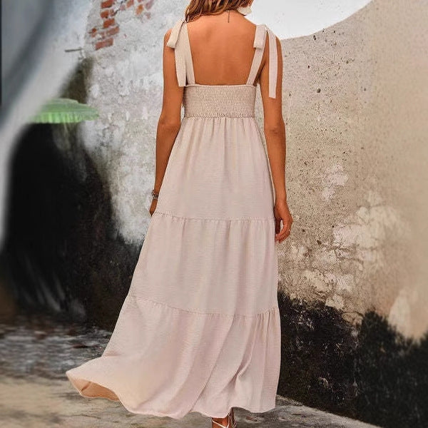 Damen lässiges tief ausgeschnittenes Maxikleid mit Rüschen und verstellbaren Trägern Drune